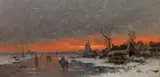 Johann Jungblut, Winterlandschaft mit Dorfsilhouette im Abendrot