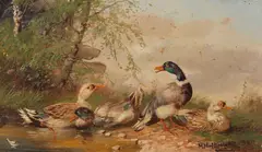 Max Hänger, 2 Gemälde: Hühnerhof am Dorfrand. Zwei Entenpaare am Weiher, Ca. 1900-1920, Oil on panel