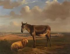 Adolphe Malherbe, Schaf und Esel vor weiter Landschaft, 1846, Oil on panel