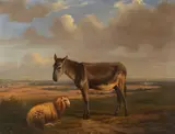 Adolphe Malherbe, Schaf und Esel vor weiter Landschaft, 1846, Oil on panel