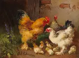 Julius Scheuerer, Hahn, Hühner und Küken vor dem Stall auf der Wiese, Ca. 1900/10, Oil on cardboard