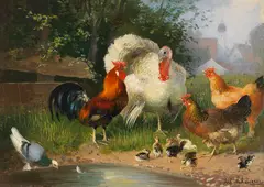 Julius Scheuerer, Truthahn, Hahn, Hühner, Küken und Taube an der Tränke, Ca. 1880/90, Oil on panel