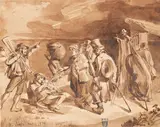 Johann Wilhelm Volker, Musikanten und Fährmann diskutieren bei heraufziehendem Unwetter, 1838, Brush and ink drawing
