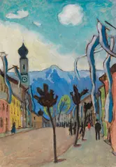Gabriele Münter, Murnau, Hauptstrasse am Sonntag im Mai, 1924, Oil on cardboard