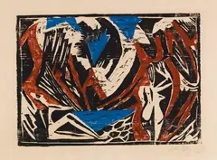 Ernst Wilhelm Nay, Zwei Badende am Bergsee, 1938, Woodcut in colors