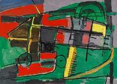 Renato Birolli, Trebbiatrice sul prato, 1953, Oil on paper