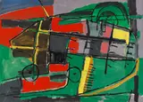 Renato Birolli, Trebbiatrice sul prato, 1953, Oil on paper