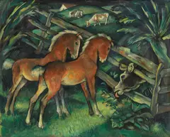 Harold Bengen, Zwei Fohlen und Kühe auf der Weide, 1921, Oil on cardboard