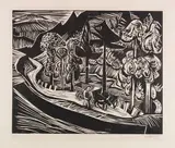 Karl Schmidt-Rottluff, Straße durch Gebirgstal mit Ochsenwagen, 1927, Woodcut