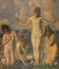Carl von Marr, Vier weibliche Akte auf einer Wiese mit Schwertlilien, Ca. 1880/90, Oil