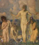 Carl von Marr, Vier weibliche Akte auf einer Wiese mit Schwertlilien, Ca. 1880/90, Oil