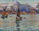 Julius Seyler, Lofotenlandschaft mit zwei Segelschiffen, Ca. 1911, Oil on canvas