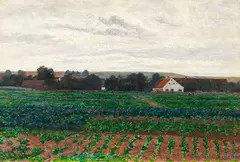 Paul Baum, Im Dachauer Moos (Gemüsefelder vor einem Gehöft in weiter Dachauer Landschaft), 1887, Oil on canvas