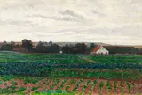 Paul Baum, Im Dachauer Moos (Gemüsefelder vor einem Gehöft in weiter Dachauer Landschaft), 1887, Oil on canvas