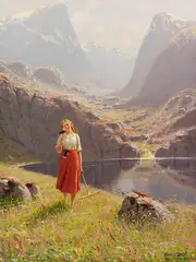 Hans Andreas Dahl, Sommer am norwegischen Fjord - heimkehrendes Mädchen mit Rechen und Kiepe, Ca. 1900-1920, Oil on canvas
