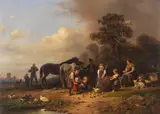 Wilhelm Alexander Meyerheim, Ländliches Vergnügen. Bauernfamilie bei einem Korbe mit jungen Hühnchen, 1851, Oil on canvas