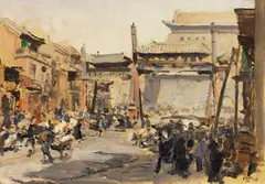 Peking - Belebte Straße vor dem Stadttor Qianmen (Zhengyangmen) by Erich Kips, Ca. 1900-1920, Oil on cardboard, sold Nov 2016