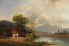 Anton Doll, Oberbayerische Landschaft mit Waschhaus am See, Ca. 1860-1880, Oil on canvas