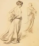 Ludwig von Hofmann, Stehende Frauen mit Gewandstudien, Ca. 1919, Chalk drawing
