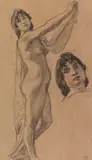 Ludwig von Hofmann, Studienblatt mit stehendem weiblichem Akt mit Tuch sowie Kopfstudie