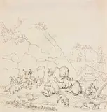 Johann Heinrich Wilhelm Tischbein, Hügellandschaft mit lagernder Viehherde und Bauernfamilie