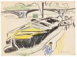 Schleppkahn am Elbufer im Hintergrund die Carolabrücke by Ernst Ludwig Kirchner, Um 1909, Oil crayon, sold Jun 2016