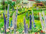 Arnold Balwé, Garten vorm Haus mit Rittersporn