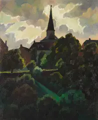 Adolf Erbslöh, Nach dem Gewitter (Die Kirche in Manderscheid), 1932, Oil on cardboard
