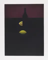 Yōzō Hamaguchi, Bottle with Lemons and Red Wall, 1981, Mezzotint