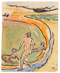 Max Pechstein, Badende an der Buhne, Wohl um 1912, Watercolor