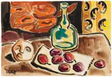 Stillleben mit grüner Flasche, Steinkopf und Pflaumen by Karl Schmidt-Rottluff, 1953, Watercolor, sold Jun 2016