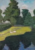 Otto Modersohn, An der Wümme mit Gänsen, Um 1912/1914, Oil on cardboard
