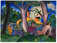 Weiblicher Akt und zwei Männer im Grünen by Josef Eberz, 1920, Watercolor, sold Jun 2016