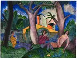 Josef Eberz, Weiblicher Akt und zwei Männer im Grünen, 1920, Watercolor