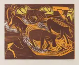 Heimkehrende Kühe by Karl Schmidt-Rottluff, 1922, Woodcut in colors, sold Jun 2016