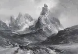 Edward Theodore Compton, Der Cimon della Pala in den Dolomiten, gesehen vom Rollepass aus, 1896, Gouache