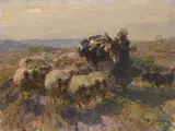 Heinrich von Zügel, Schafherde mit Hirtin und Esel auf dem Feld