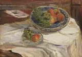 Otto Dill, Stillleben mit Obstschale auf weißem Tuch