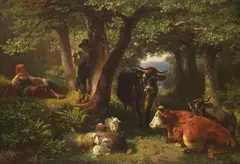 Hirtenkinder im Wald mit Kühen und Schafen by Friedrich Voltz, Ca. 1850, Oil on panel, sold May 2016