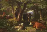 Friedrich Voltz, Hirtenkinder im Wald mit Kühen und Schafen, Ca. 1850, Oil on panel