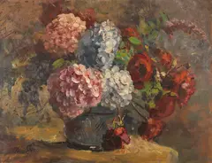 Anna Peters, Hortensien und Rosen, Um 1900, Oil on cardboard
