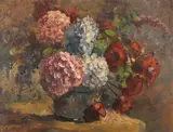 Anna Peters, Hortensien und Rosen, Um 1900, Oil on cardboard