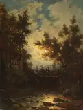 Adolf Stademann, Vollmondnacht am Dorfbach, Oil on canvas