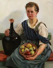 Otto Keck, Mädchen mit Obstkorb und Weinflasche, 1930, Oil on canvas