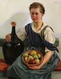 Otto Keck, Mädchen mit Obstkorb und Weinflasche, 1930, Oil on canvas
