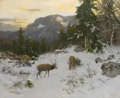 Josef Schmitzberger, Hirsche im winterlichen Gebirge, Um 1900, Oil on canvas