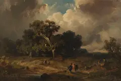 August Seidel, Heimkehrende Jäger bei aufziehendem Gewitter, Oil on cardboard