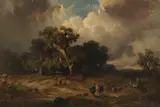 August Seidel, Heimkehrende Jäger bei aufziehendem Gewitter, Oil on cardboard