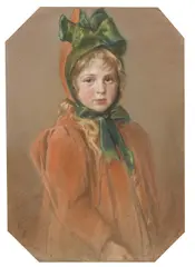 Wilhelm Räuber, Mädchenporträt mit grüner Schleife (Die Tochter des Künstlers), 1889, Pastel
