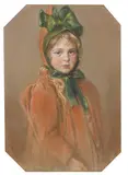 Wilhelm Räuber, Mädchenporträt mit grüner Schleife (Die Tochter des Künstlers), 1889, Pastel